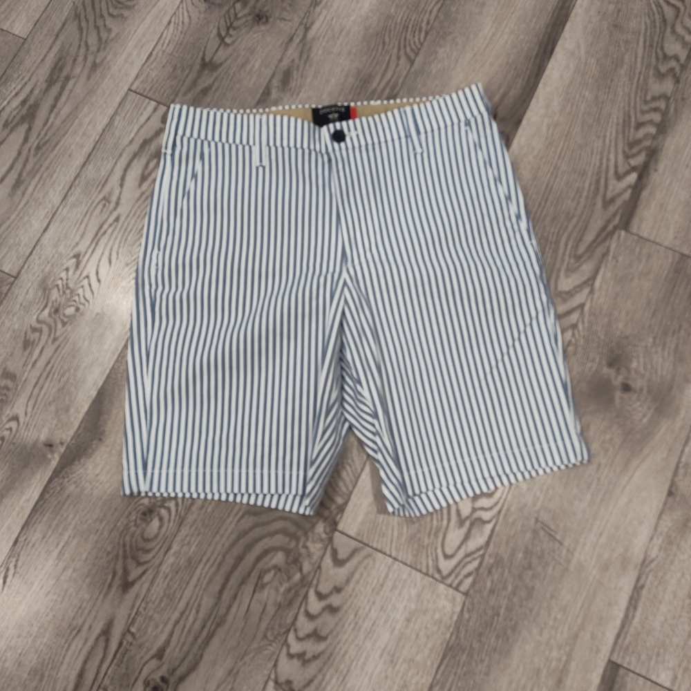 Striped Cotton Blend Shorts in White & Navy
